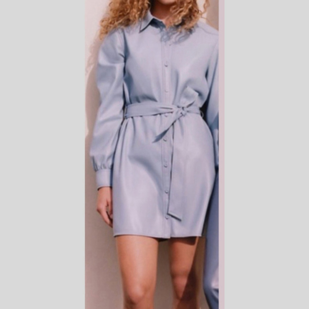 Wilfred Caroline Dress Women's Medium Button Down Blue Belted Vegan Leather